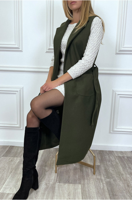 Long sleeveless khaki coat with pockets and belt - 6