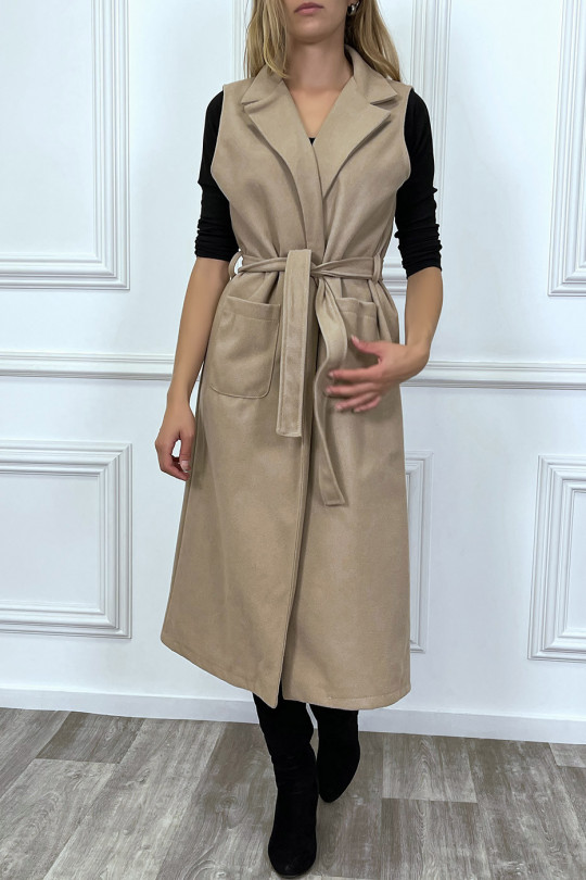 LoLL beige sleeveless coat with pockets and belt - 1