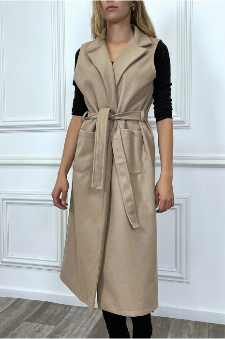 Long manteau beige sans manche avec poches et ceinture - 2