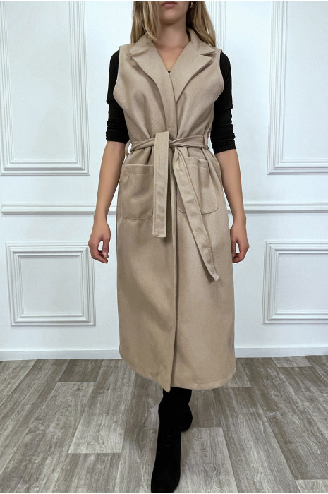 Long manteau beige sans manche avec poches et ceinture - 3