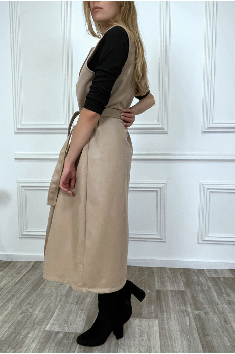 Long manteau beige sans manche avec poches et ceinture - 4