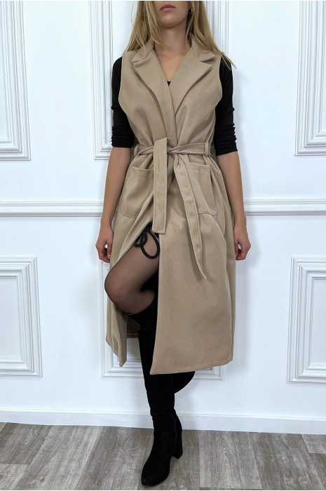 Long manteau beige sans manche avec poches et ceinture - 6