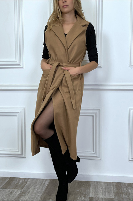 Long manteau camel sans manche avec poches et ceinture - 1