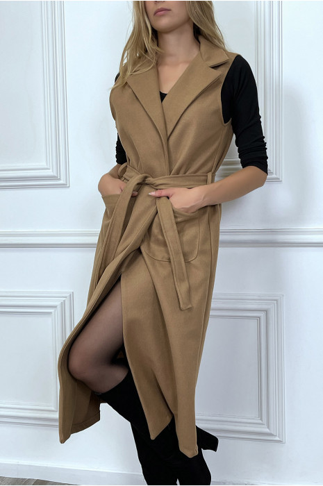 Long manteau camel sans manche avec poches et ceinture - 2
