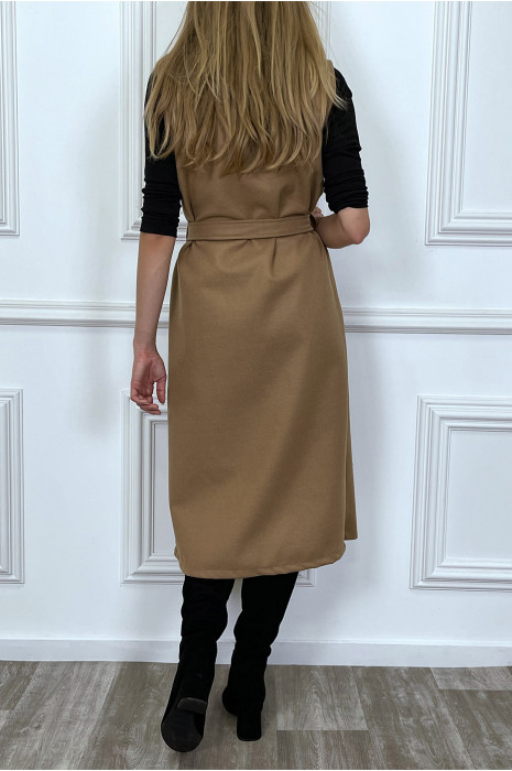 Long manteau camel sans manche avec poches et ceinture - 6