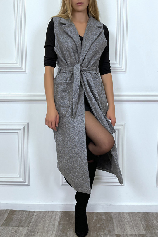 Long anthracite sleeveless coat with pockets and belt - 1