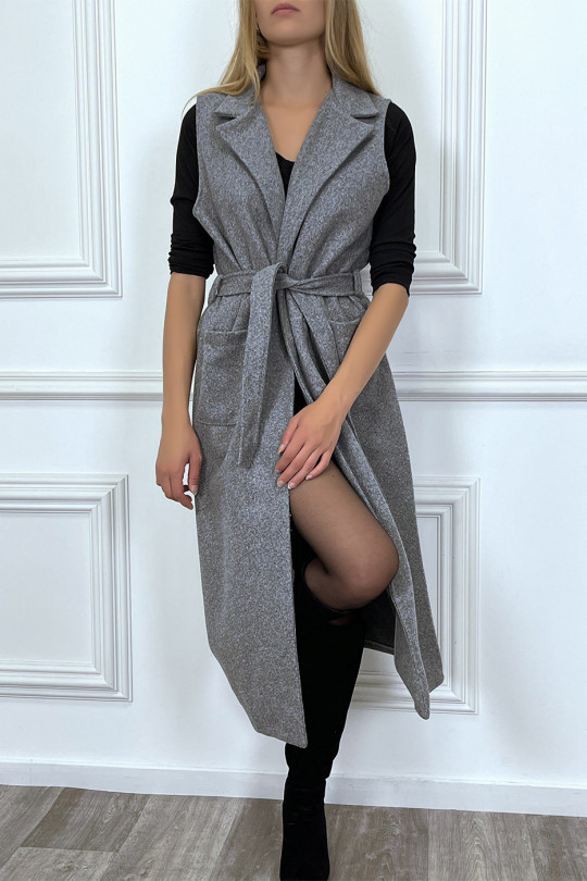 Long anthracite sleeveless coat with pockets and belt - 2