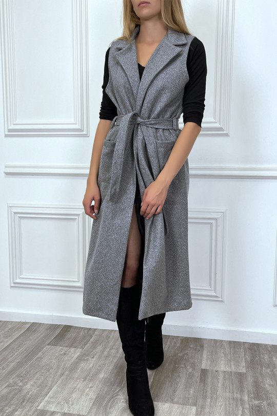 Long anthracite sleeveless coat with pockets and belt - 3