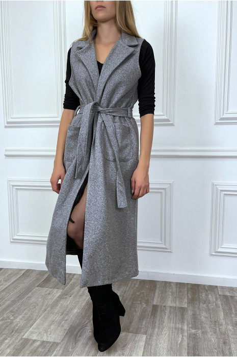 Long manteau anthracite sans manche avec poches et ceinture - 4