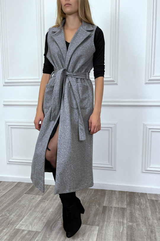 Lange antracietkleurige mouwloze jas met zakken en riem - 4