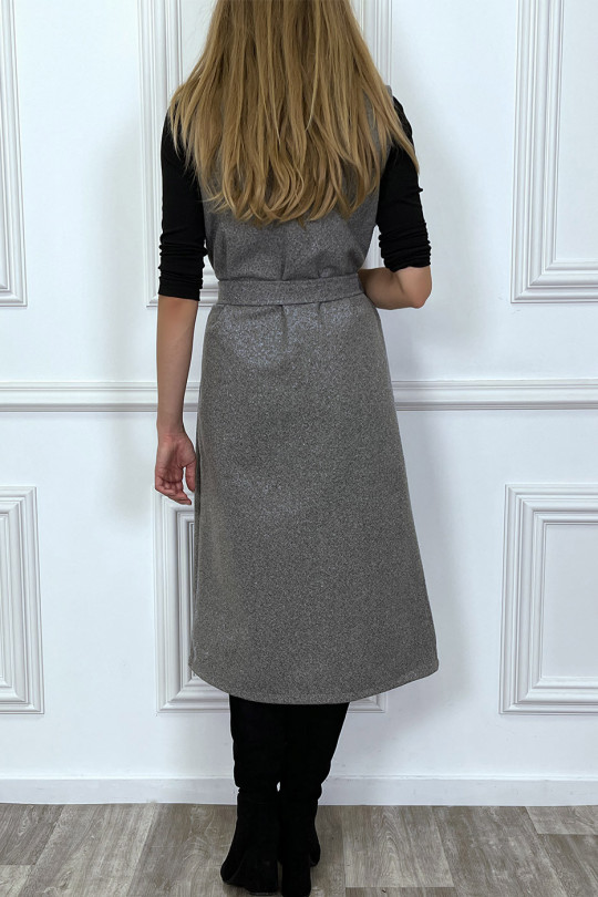 Long anthracite sleeveless coat with pockets and belt - 5