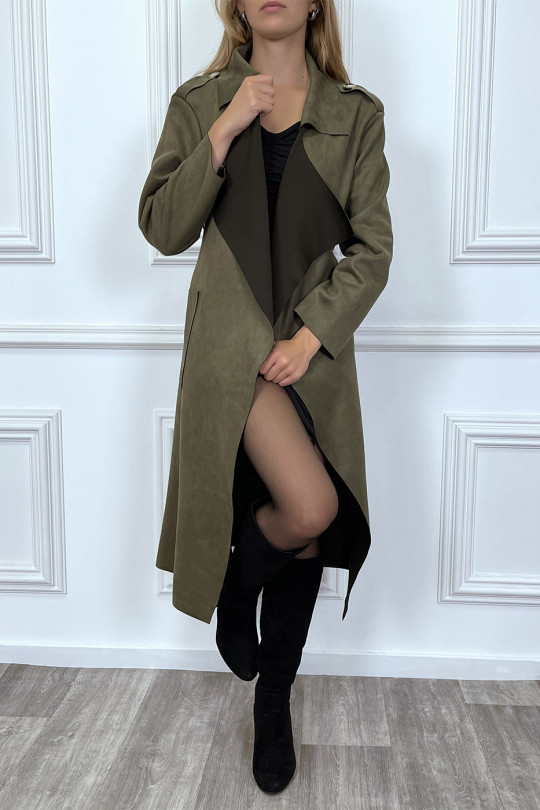 Long khaki suede jacket with pockets and belt - 1