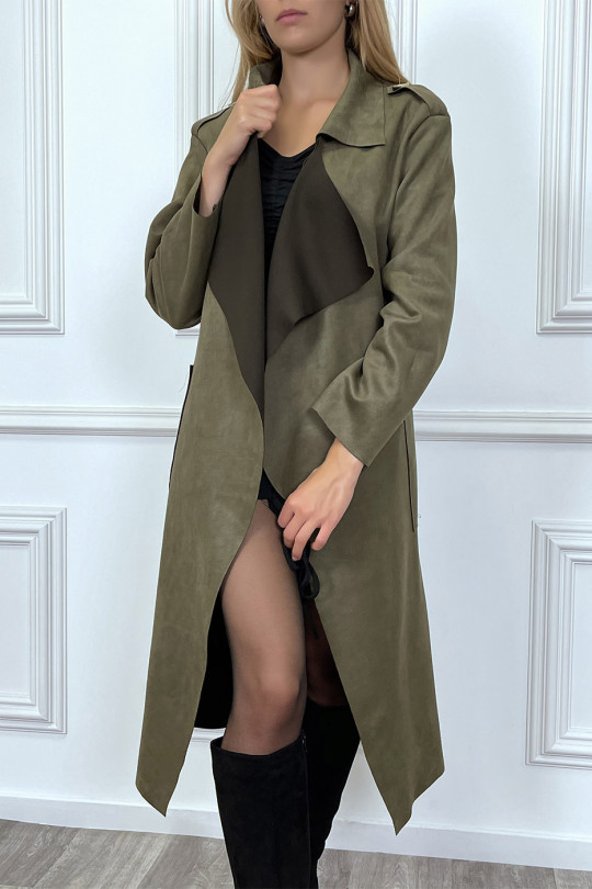 Long khaki suede jacket with pockets and belt - 2