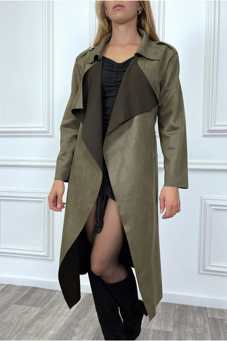 Long khaki suede jacket with pockets and belt. Cheap women fashion