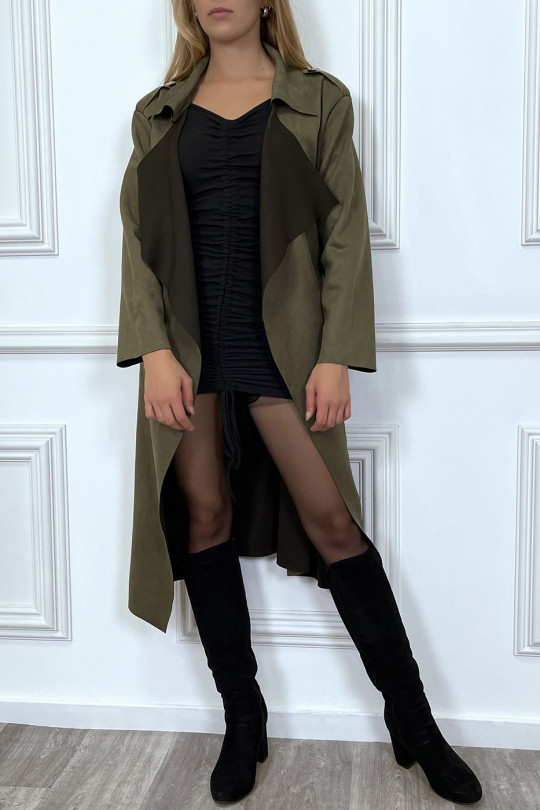 Long khaki suede jacket with pockets and belt - 4