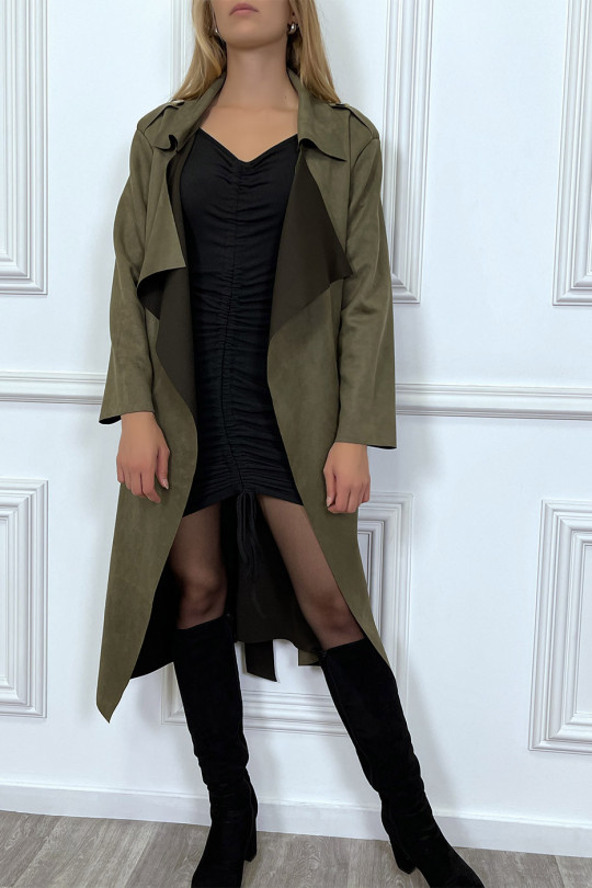 Long khaki suede jacket with pockets and belt - 5