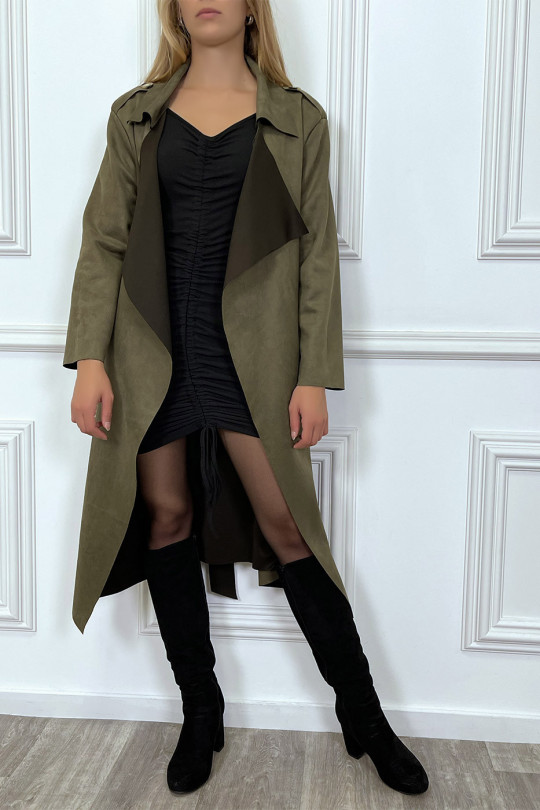 Long khaki suede jacket with pockets and belt - 6