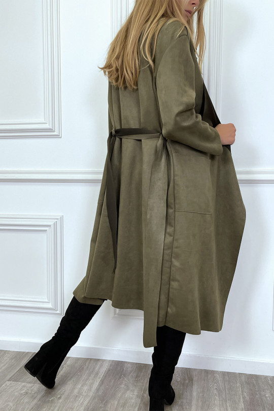 Long khaki suede jacket with pockets and belt - 8