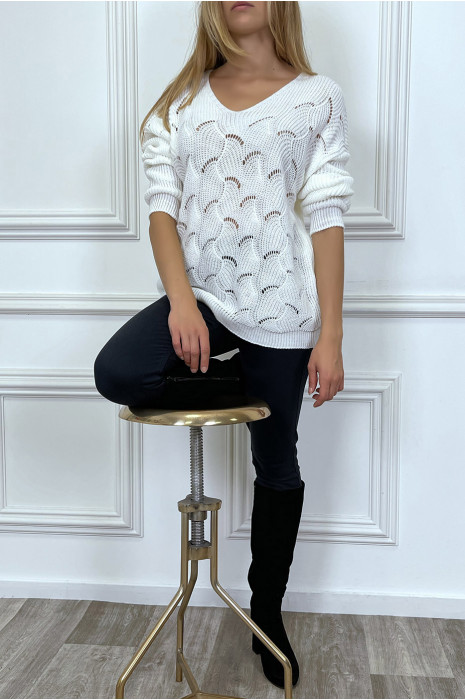White plaited leaf-shaped plaited V-neck sweater - 2