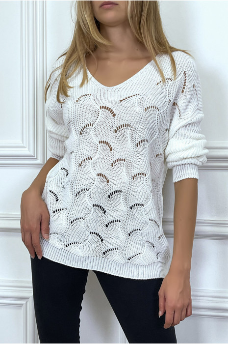 White plaited leaf-shaped plaited V-neck sweater - 4