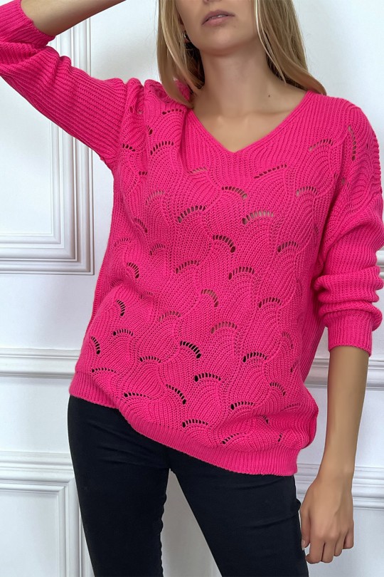 Pull fuchsia col V tombant tressé en forme de feuilles - 1