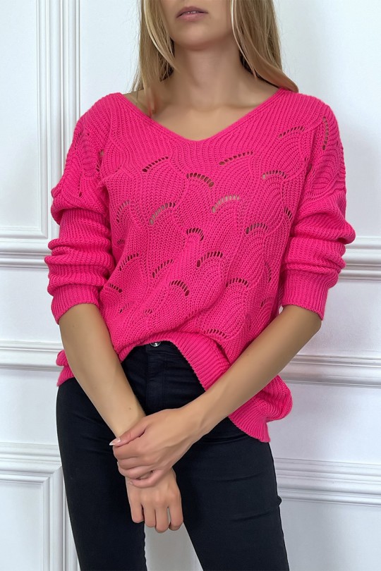 Pull fuchsia col V tombant tressé en forme de feuilles - 2