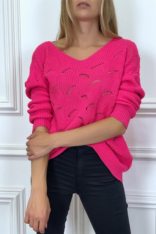 Pull fuchsia col V tombant tressé en forme de feuilles - 3
