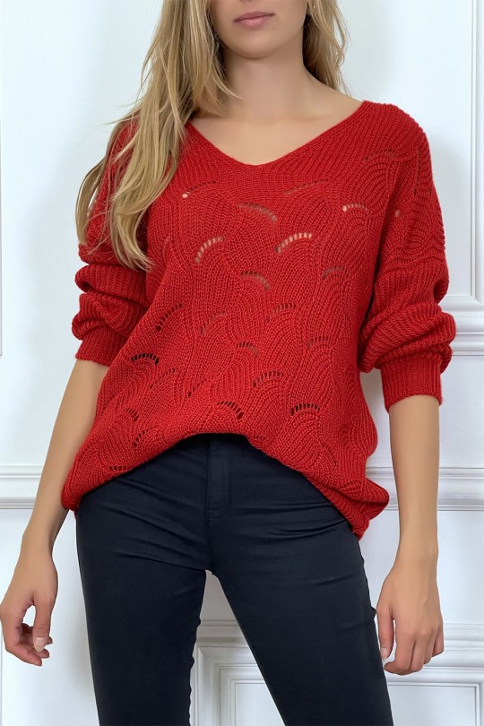 Red plaited leaf-shaped plaited V-neck sweater - 1
