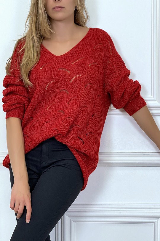 Red plaited leaf-shaped plaited V-neck sweater - 2