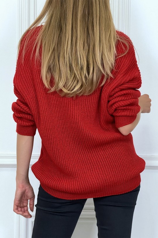 Red plaited leaf-shaped plaited V-neck sweater - 4