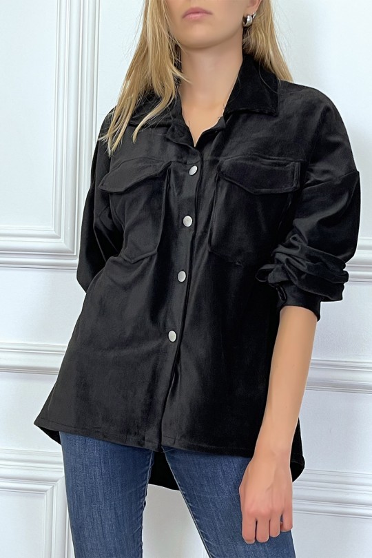 Oversized black velvet shirt with pockets - 1