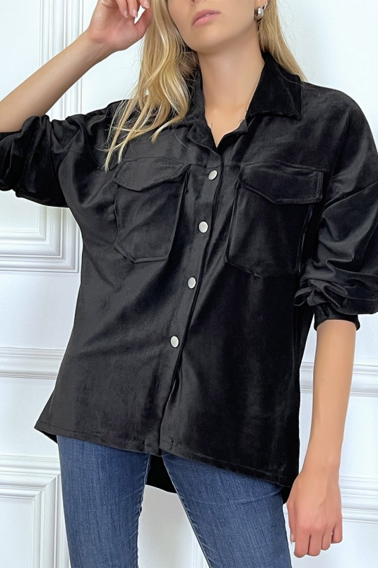 Oversized zwart fluwelen overhemd met zakken - 2