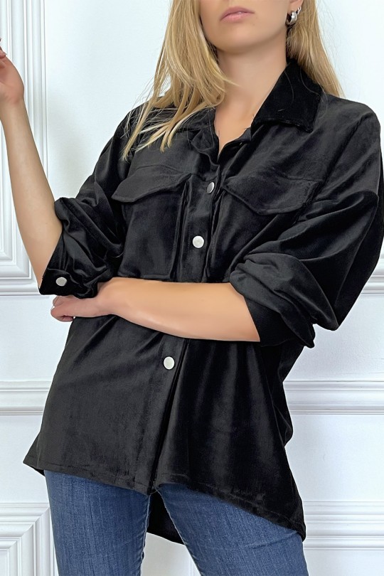 Oversized zwart fluwelen overhemd met zakken - 3
