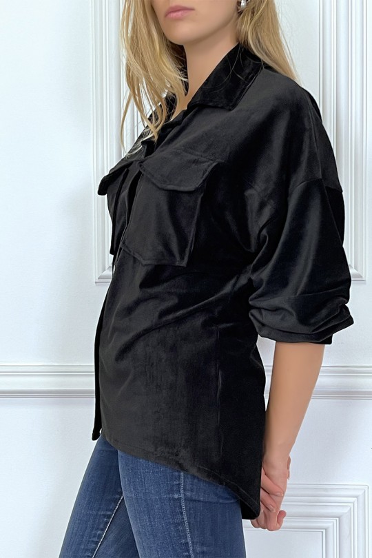 Oversized zwart fluwelen overhemd met zakken - 4