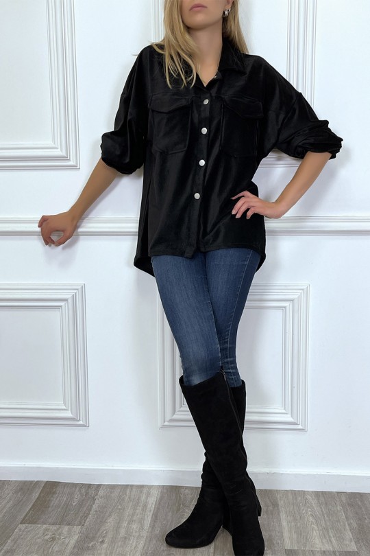 Oversized black velvet shirt with pockets - 5