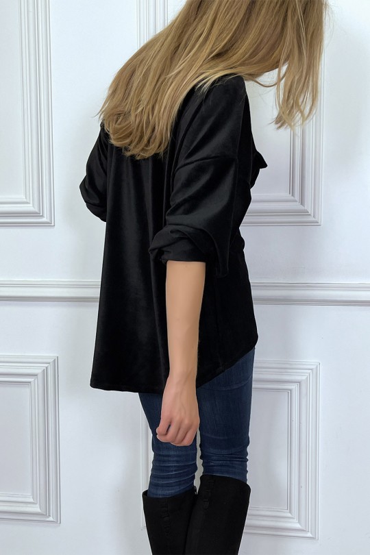 Oversized black velvet shirt with pockets - 6