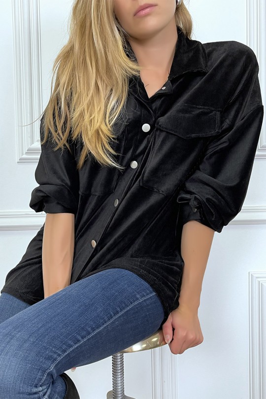 Oversized black velvet shirt with pockets - 7