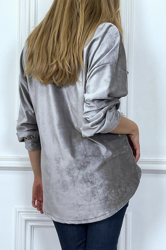 Oversized gray velvet shirt with pockets - 5