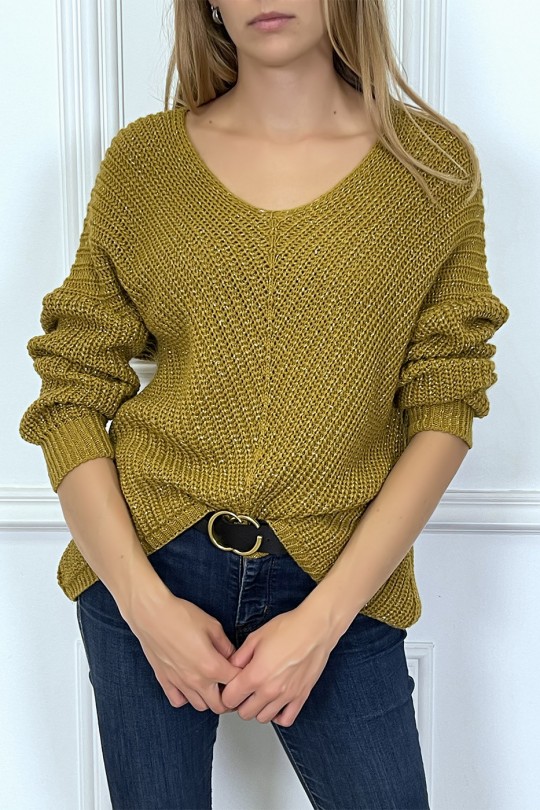 Mustard sweater with pretty dropped shape and silver thread - 1