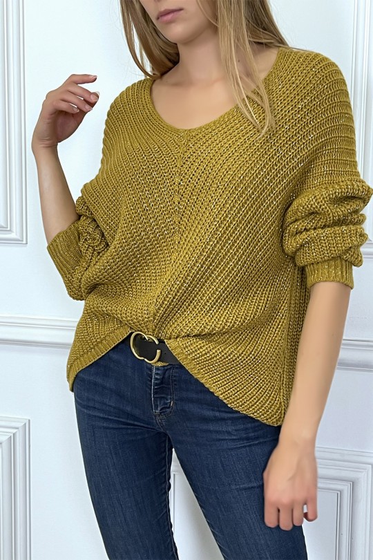 Mustard sweater with pretty dropped shape and silver thread - 2