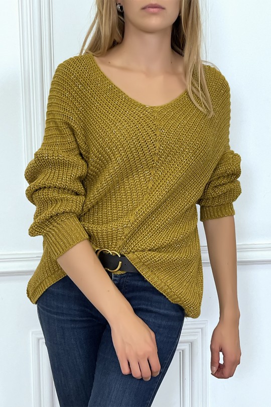 Mustard sweater with pretty dropped shape and silver thread - 3