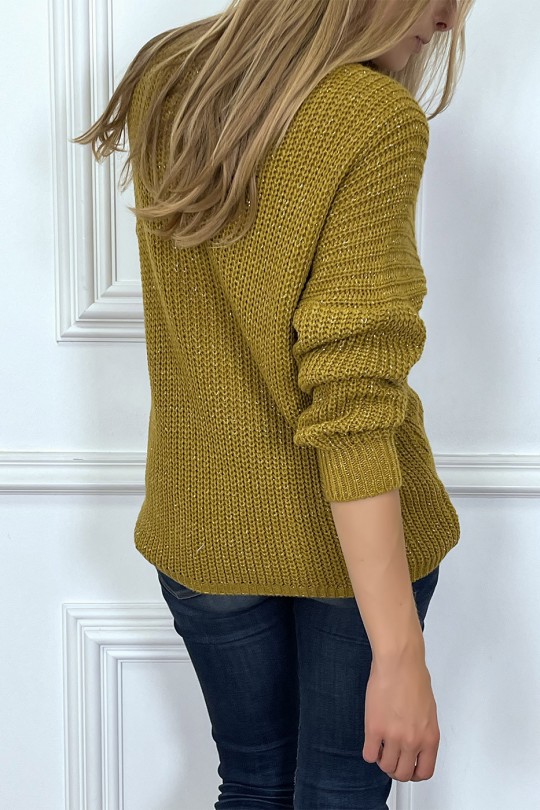 Mustard sweater with pretty dropped shape and silver thread - 4