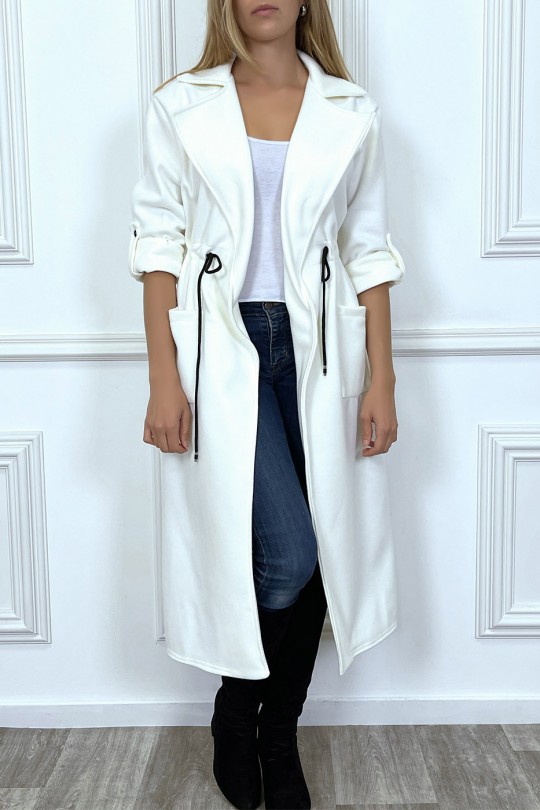 Long white coat fitted at the waist with pockets - 1