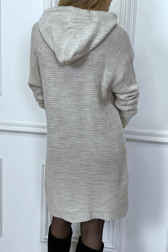 Robe pull beige à capuche avec lacet pompon - 6