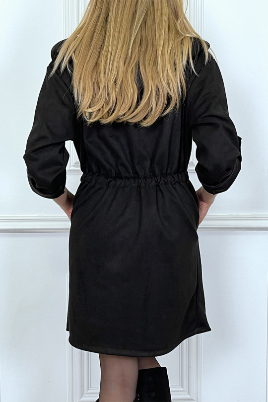 Veste en suédine noire avec poches capuche et ceinture - 5