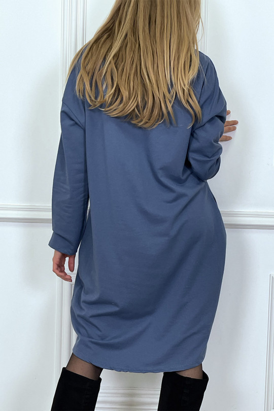 Robe tunique indigo avec poches et dessin à l'avant - 6