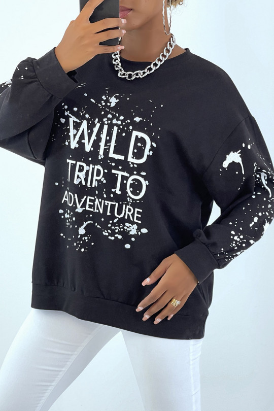 Black oversized sweatshirt with stain and writing pattern - 1