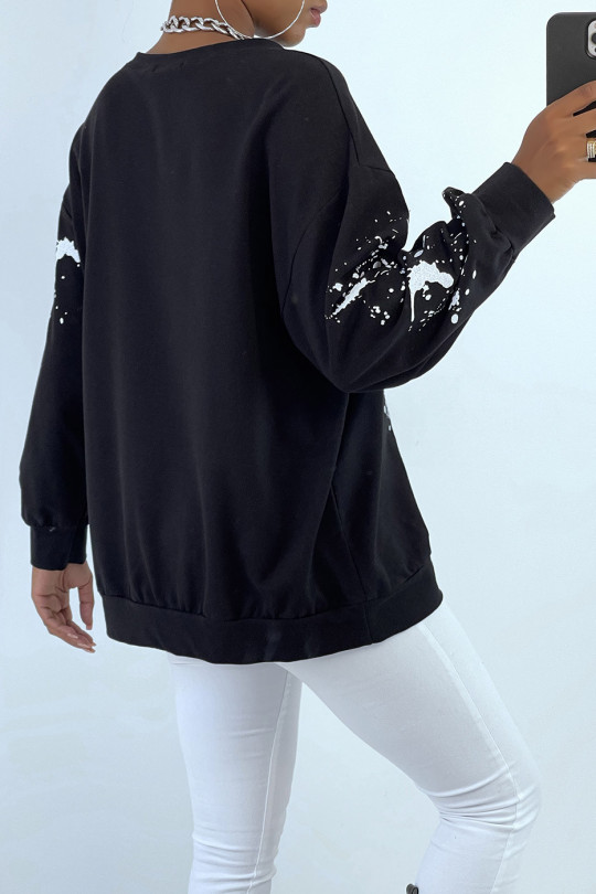 Zwart oversized sweatshirt met vlek- en schrijfpatroon - 5