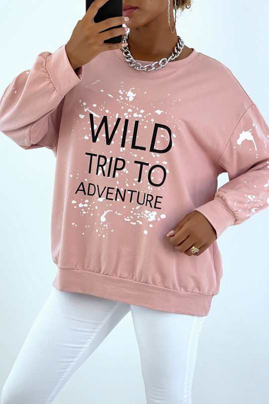 Roze oversized sweatshirt met vlek- en schrijfpatroon - 1
