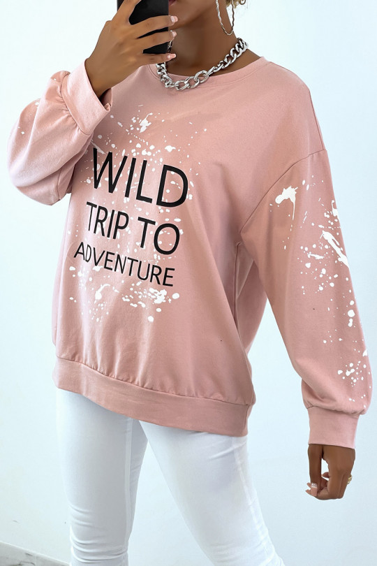 Pink oversized sweatshirt with stain and writing pattern - 2